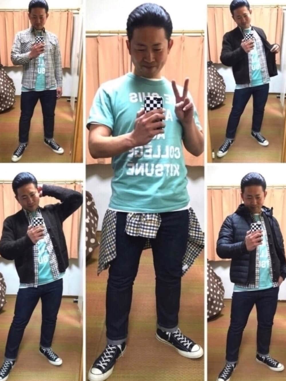 「ハッピーコーデ、チョコミント、ダウンパーカー、モヘアニット、チェックシャツ、ミントグリーン、カレッジTシャツ、濃紺デニム、チャックテイラー、双極性障害」｜「Maison Kitsuneのメゾンキツネ   Ｔシャツ(ミントグリーン)（Tシャツ/カットソー、グリーン系）」を使った、おたっし🐷さん（メンズ・174cm）の春コーディネートの1枚目の写真