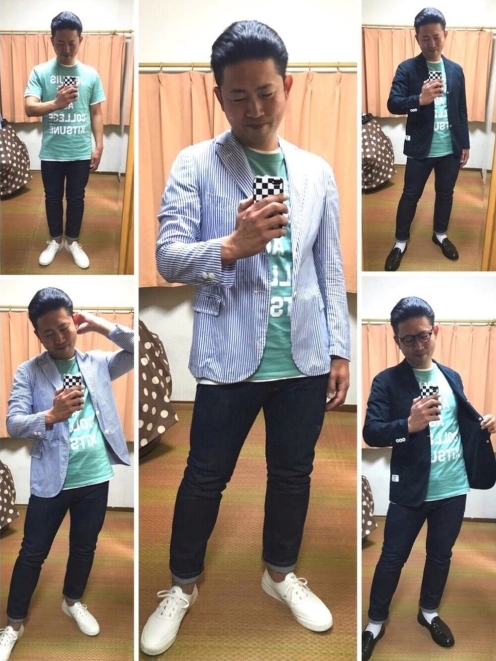 ブルー系のテーラードジャケット、ブルー系のテーラードジャケット、グリーン系のTシャツ/カットソーを着用したメンズの春コーディネートの1枚目の写真