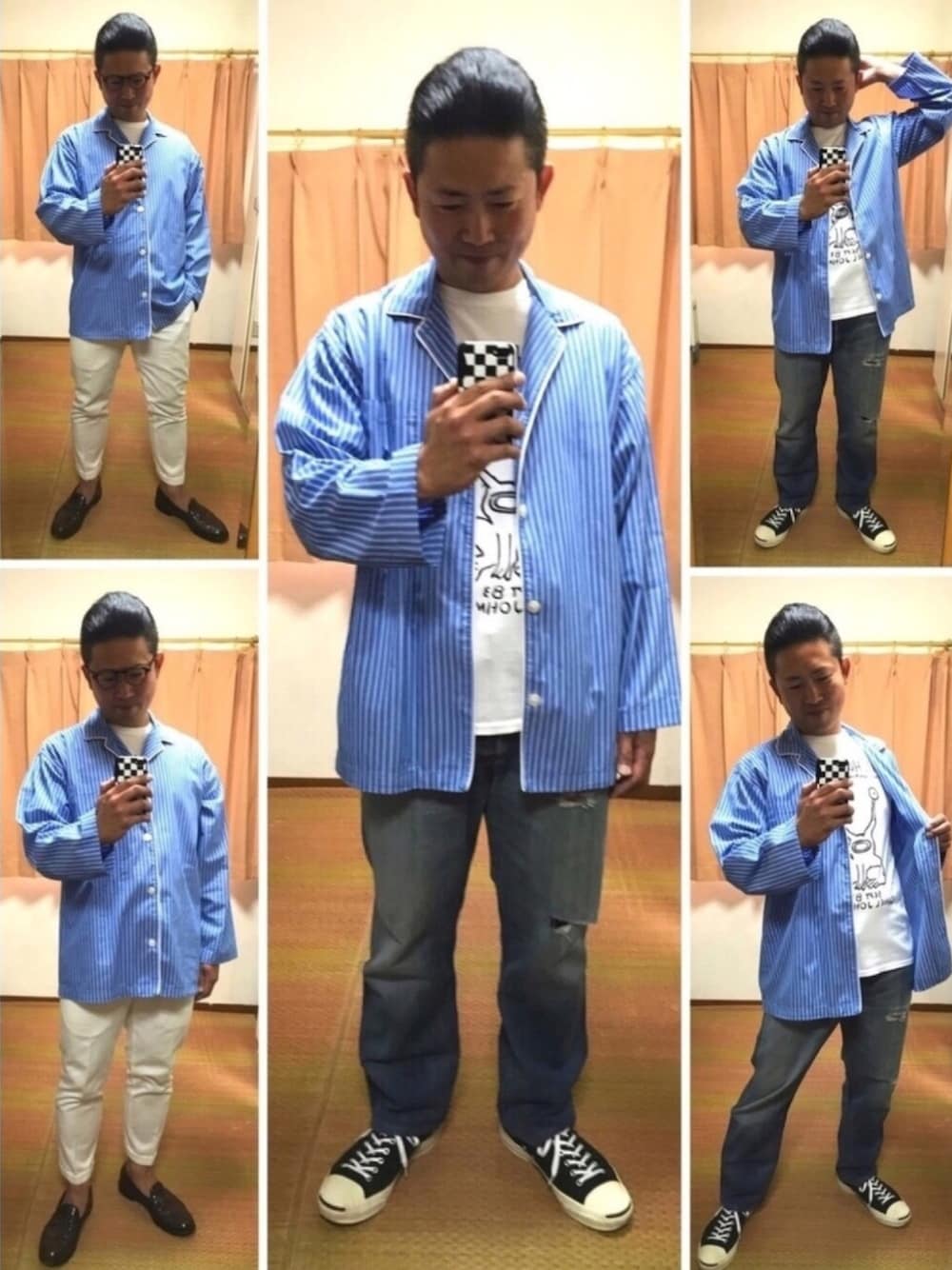 ホワイト系のTシャツ/カットソー、ブルー系のデニムパンツ、ブラック系のスニーカーを着用したメンズの春コーディネートの1枚目の写真