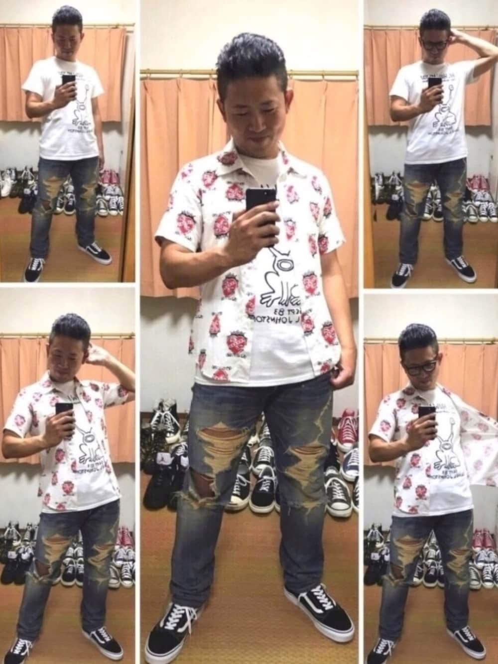 ホワイト系のシャツ/ブラウス、ホワイト系のTシャツ/カットソー、ブルー系のデニムパンツを着用したメンズの夏コーディネートの1枚目の写真