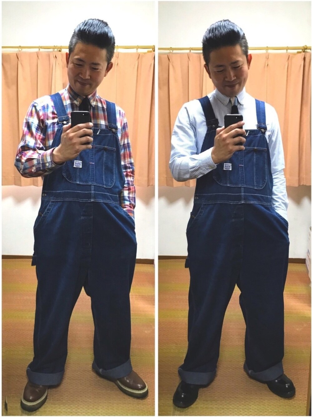 「おたっしコーデ、キレイめオバオルコーデ🐷✨、古着MIX、タイドアップ、チェックシャツ、ストライプシャツ、ニットタイ、ヴィンテージオーバーオール、厚底ラバーブーツ、双極性障害」｜「PAYDAYの🔸50s ヴィンテージ ペイデイ オバオル(濃紺)  ★メルカリ出品中‼️（サロペット/オーバーオール、ブルー系）」を使った、おたっし🐷さん（メンズ・174cm）の夏コーディネートの1枚目の写真