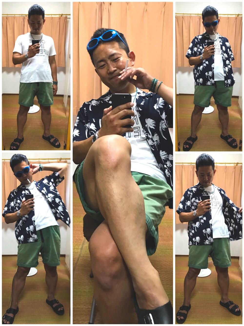 ブルー系のシャツ/ブラウス、ホワイト系のTシャツ/カットソー、グリーン系のその他パンツを着用したメンズの夏コーディネートの1枚目の写真