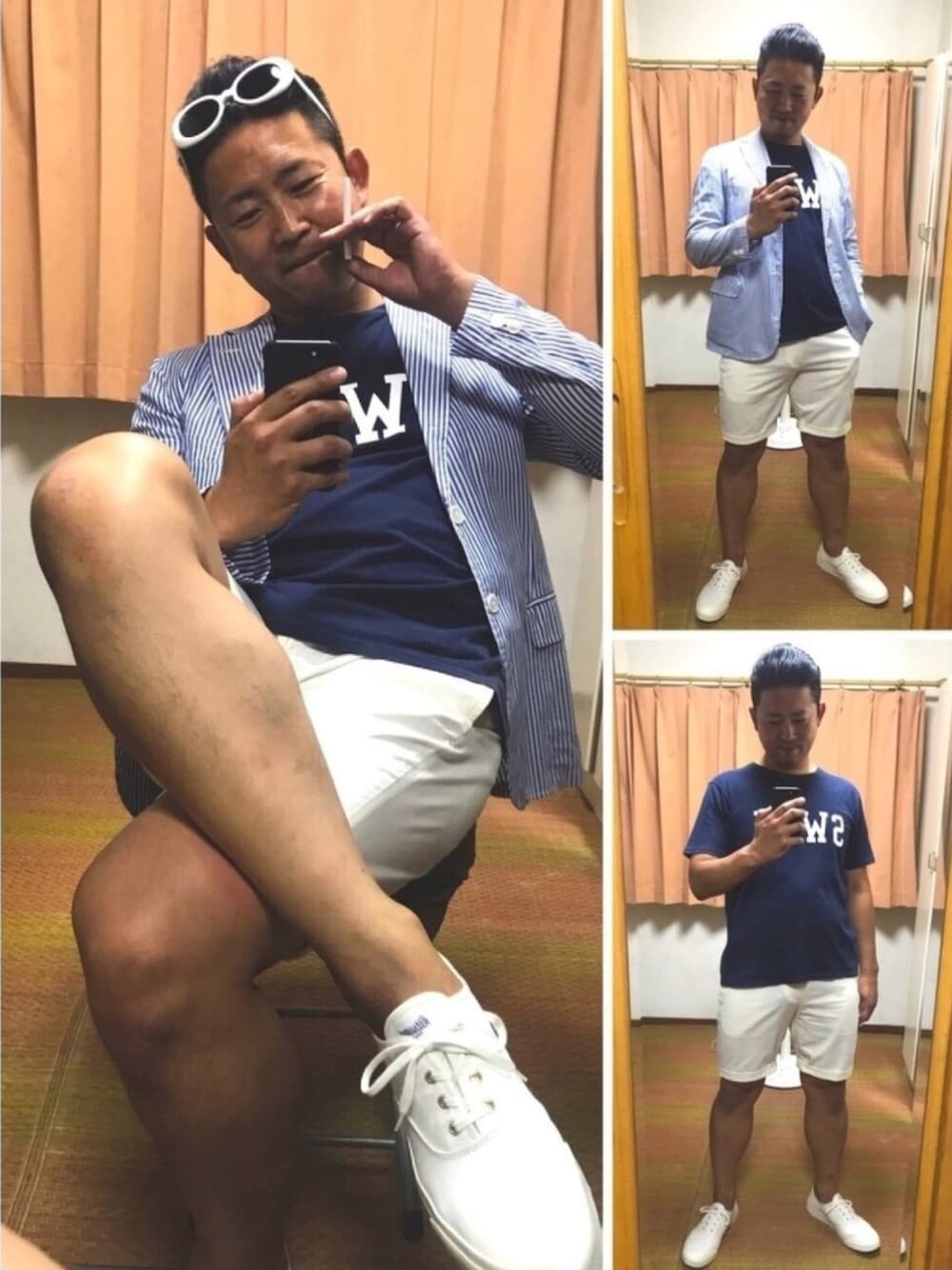 「久しぶりのキレイめカジュアル✨、おたっしコーデ、ショーパンスタイル、ストライプシャツジャケット、カナヅチなのにSWIM Tシャツ、白ショートパンツ、デッキシューズ、NBAユニフォーム大好き🐷💕、好きな服を好きなように着る🐷💕、双極性障害」｜「TAKAHIRO MIYASHITA The SoloIst.の🔸ソロイスト カートサングラス🕶(青)  ★メルカリ出品中‼️（サングラス、ホワイト系）」を使った、おたっし🐷さん（メンズ・174cm）の夏コーディネートの1枚目の写真