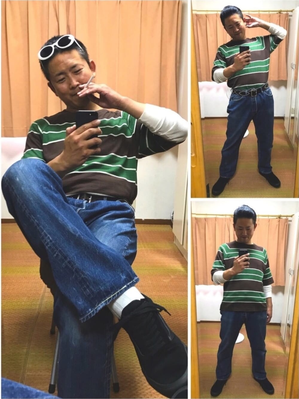 グリーン系のTシャツ/カットソー、ホワイト系のTシャツ/カットソー、ブルー系のデニムパンツを着用したメンズの秋コーディネートの1枚目の写真