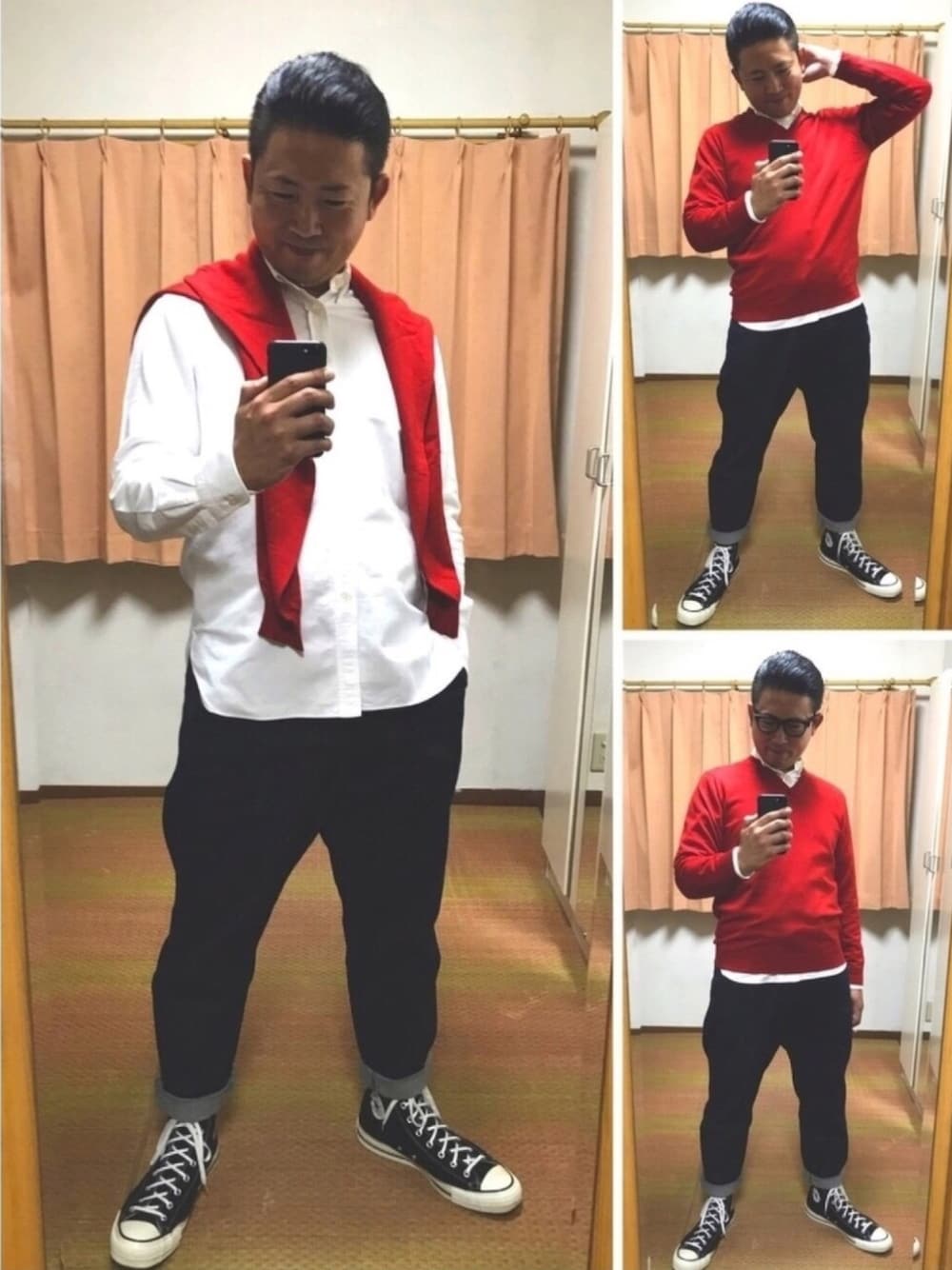 「きれいめカジュアル、テッパンコーデ、真っ赤なニット、肩掛けコーデ、プロデューサー巻き、白シャツ、濃紺デニム、黒コンバース、好きな服を好きなように着る🐷💕、双極性障害」｜「金子眼鏡の🔸ビジョン オブ ディビジョン  カートオタク風伊達メガネ(黒)（メガネ、ブラック系）」を使った、おたっし🐷さん（メンズ・174cm）の秋コーディネートの1枚目の写真