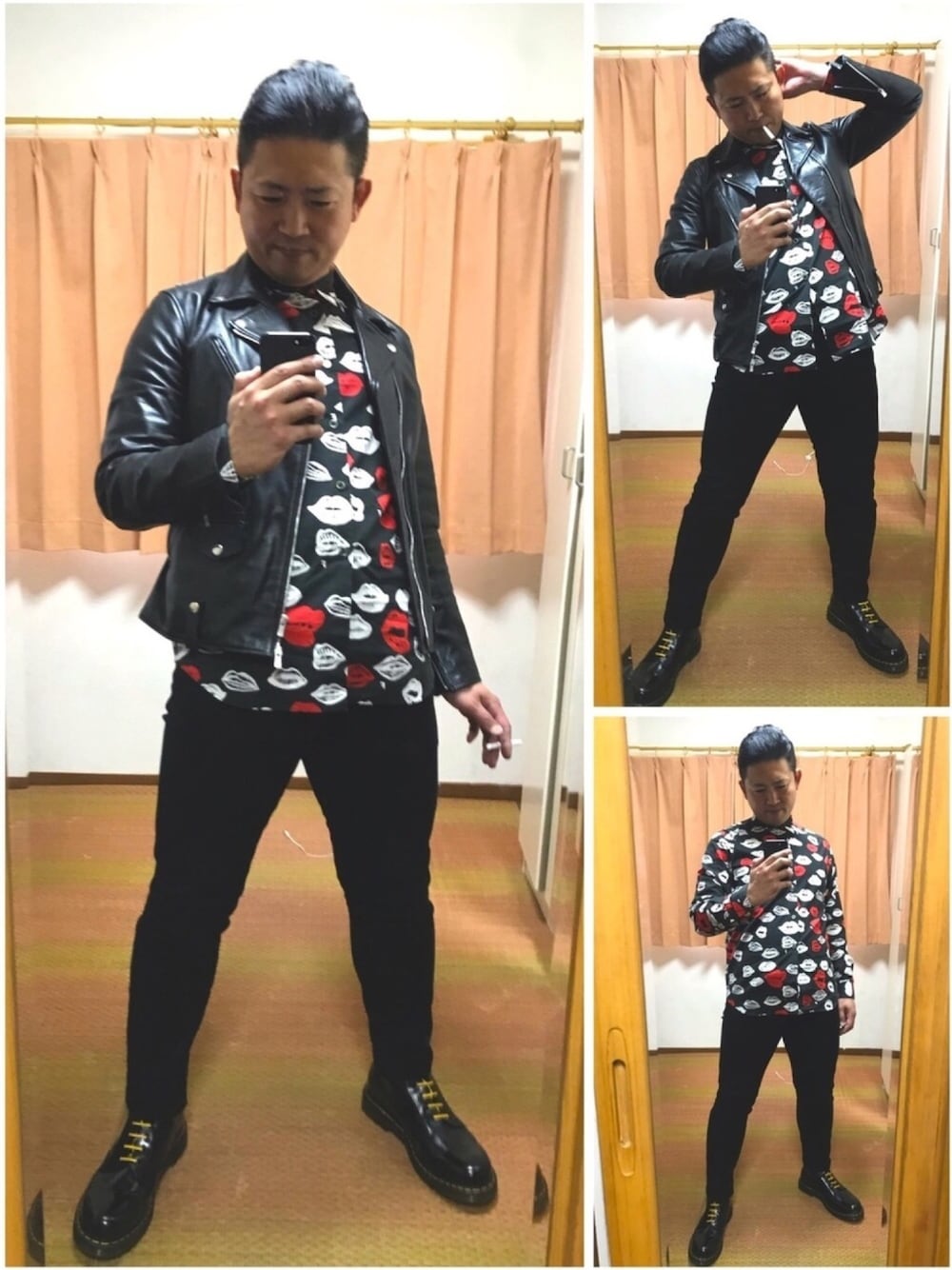 ブラック系のライダースジャケット、ブラック系のシャツ/ブラウス、ブラック系のその他パンツを着用したメンズの秋コーディネートの1枚目の写真