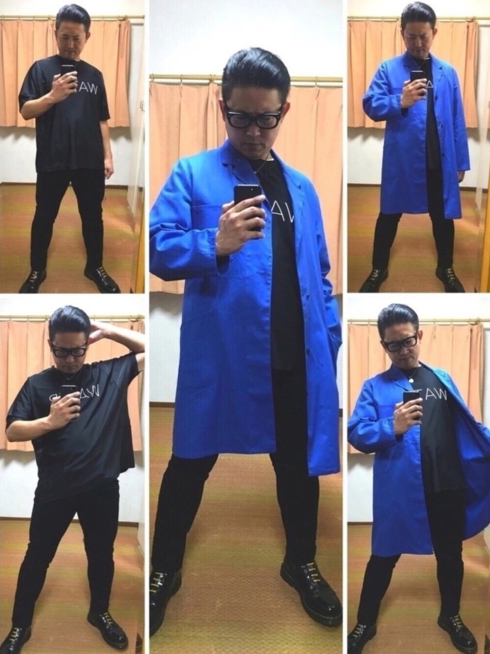 ブルー系のその他アウター、ブラック系のTシャツ/カットソー、ホワイト系のTシャツ/カットソーを着用したメンズの秋コーディネートの1枚目の写真