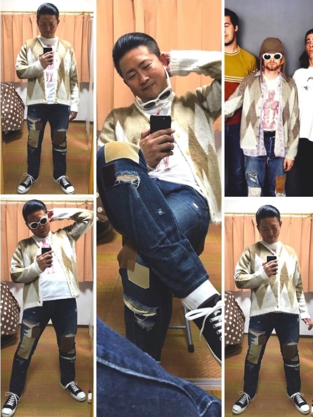 「カートコバーン、お座りスタイル、必殺❗️メガネずらし🐸‼️(川畑風)、モヘアカーディガンコーデ、ダイヤ柄アーガイルカーディガン、人体解剖Tシャツ😱💦、グランジデニム、カート着用90sジャックパーセル、好きな服を好きなように着る🐷💕、双極性障害」｜「Buzz Rickson'sの🔸バズリクソン   フライトキャップ(緑)（キャップ、グリーン系）」を使った、おたっし🐷さん（メンズ・174cm）の秋コーディネートの1枚目の写真
