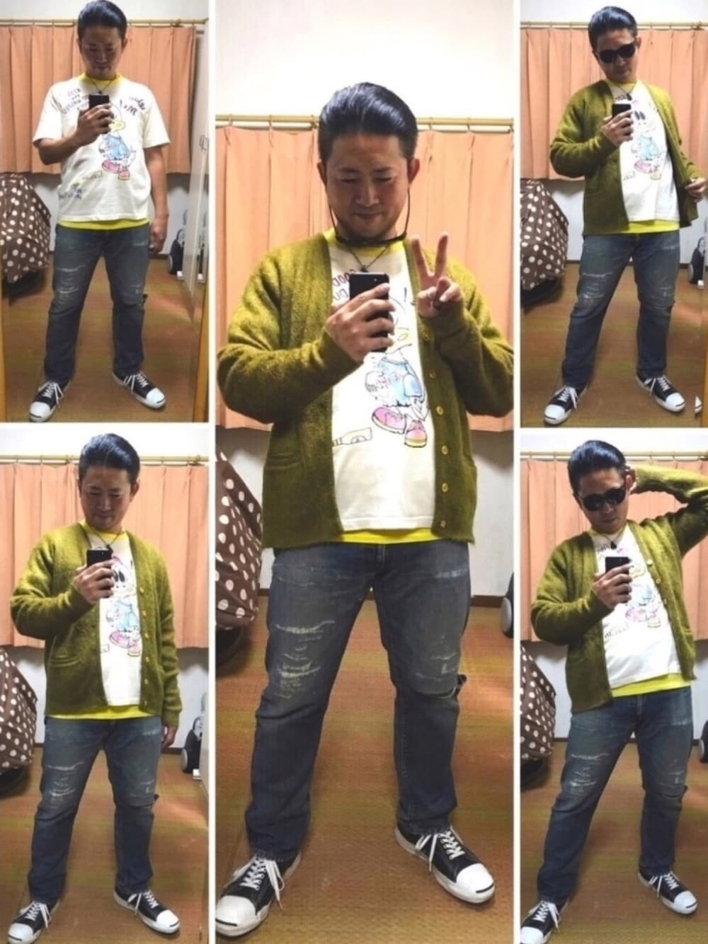 「やっぱりストリートが好き、やっぱりケロ色🐸も好き、必殺❗️メガネずらし🐸‼️(川畑風)、カートコバーン、グランジ、ケロ色🐸モヘアカーディガン ✨、Tシャツ重ね着、好きな服を好きなように着る🐷💕、双極性障害、片手スマホ自撮りを極めるケロッ🐸📱‼️」｜「🔸参考カート😎✨の🔸ケロ色🐸モヘアカーディガンコーデ✨（その他、その他）」を使った、おたっし🐷さん（メンズ・174cm）の秋コーディネートの1枚目の写真