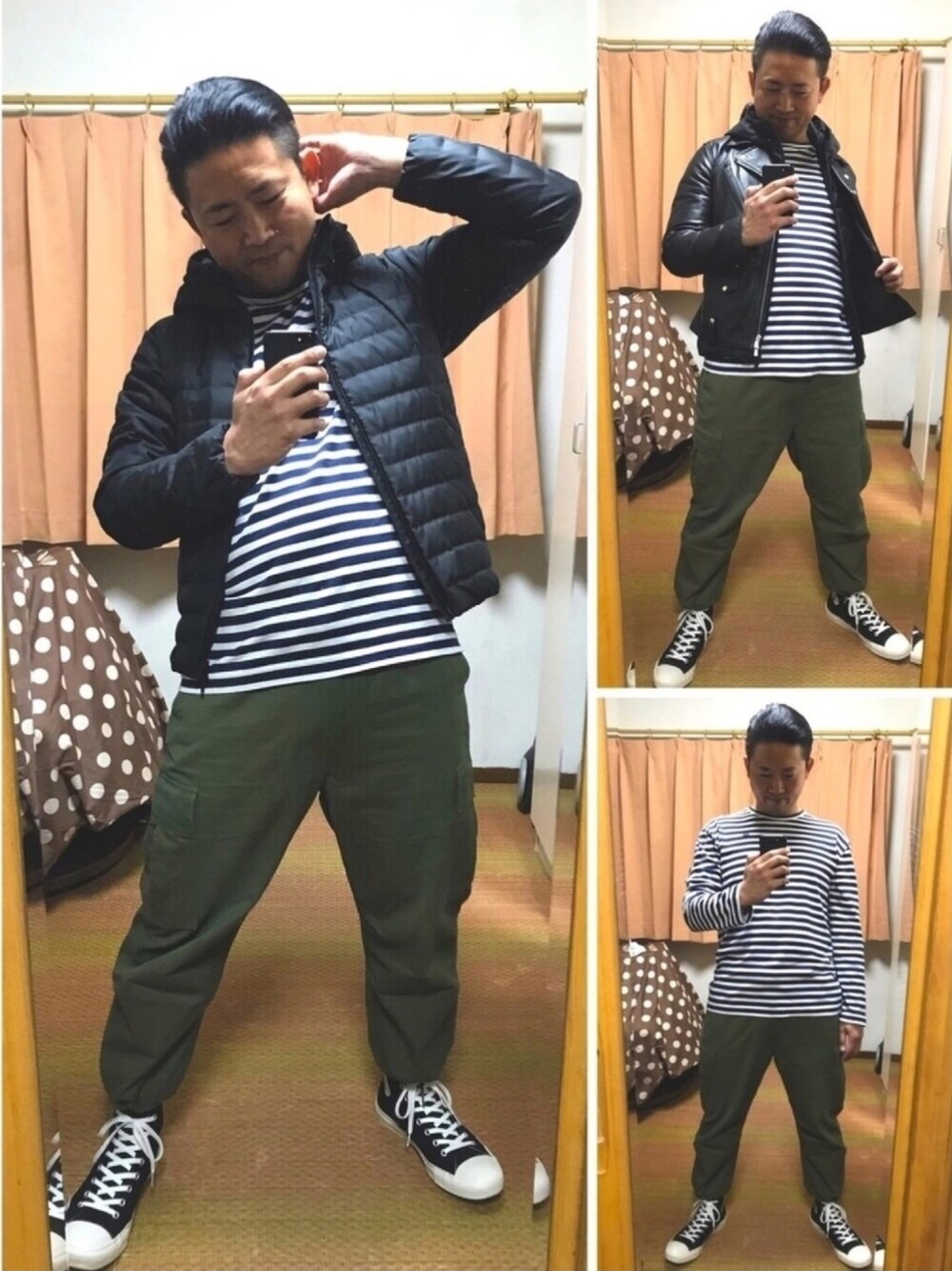 ブラック系のダウンジャケット/コート、ブラック系のライダースジャケット、ブルー系のTシャツ/カットソーを着用したメンズの冬コーディネートの1枚目の写真