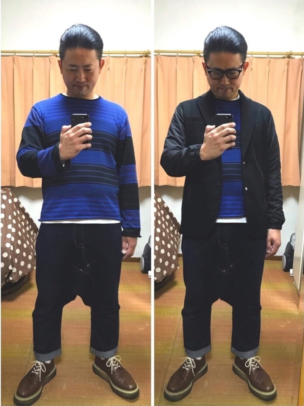 ブラック系のテーラードジャケット、ブルー系のニット/セーター、ブルー系のシャツ/ブラウスを着用したメンズの冬コーディネートの1枚目の写真