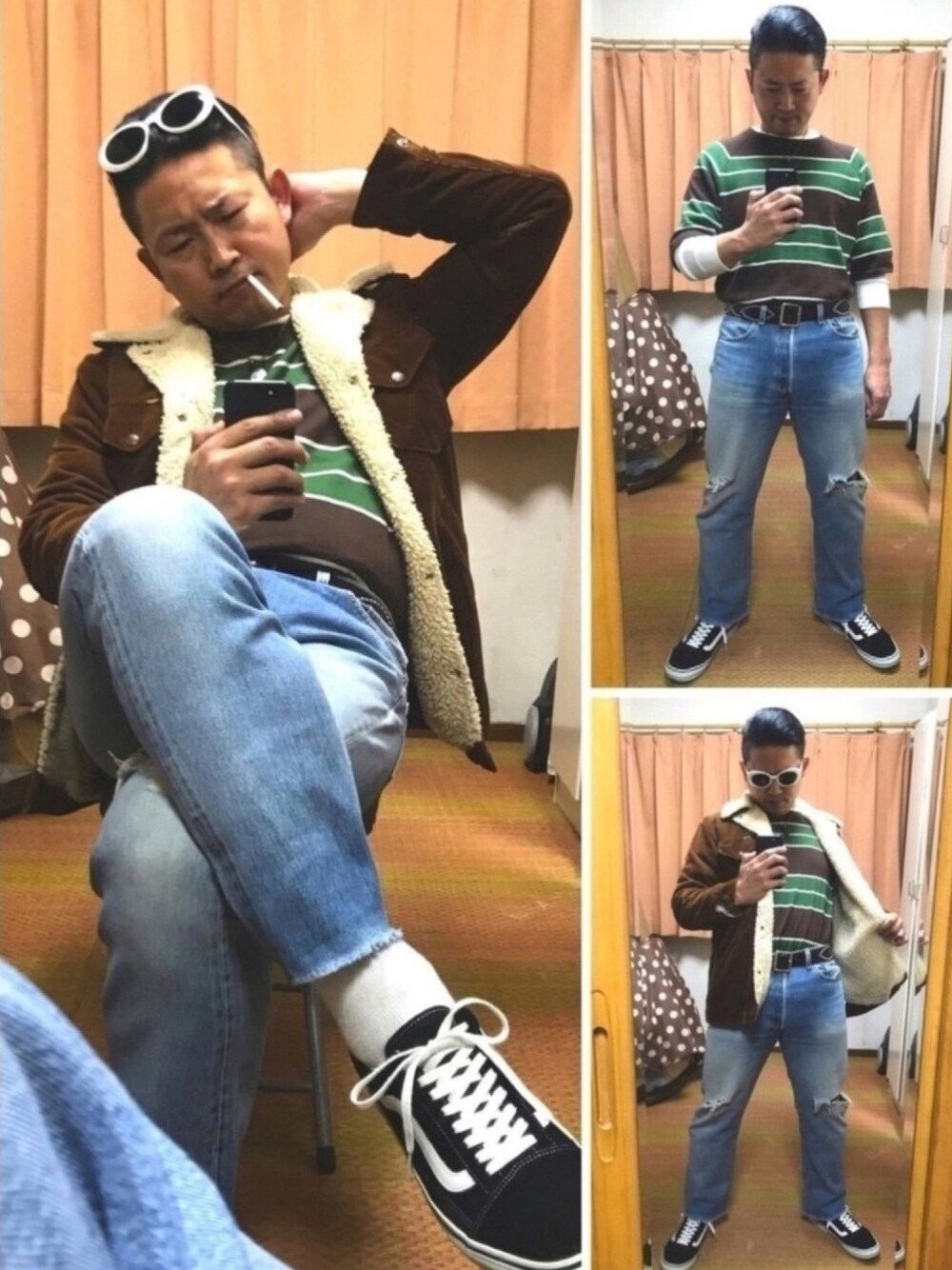 ブラウン系のジャケット/アウター、グリーン系のTシャツ/カットソー、ホワイト系のTシャツ/カットソーを着用したメンズの冬コーディネートの1枚目の写真