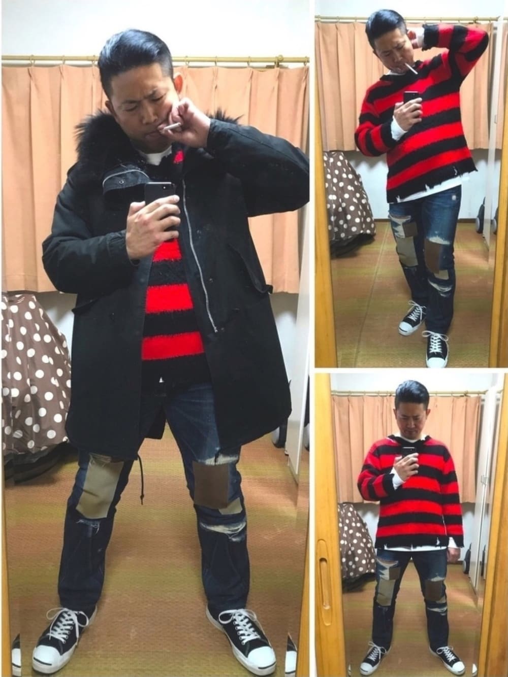 ブラック系のモッズコート、レッド系のニット/セーター、ブルー系のシャツ/ブラウスを着用したメンズの冬コーディネートの1枚目の写真