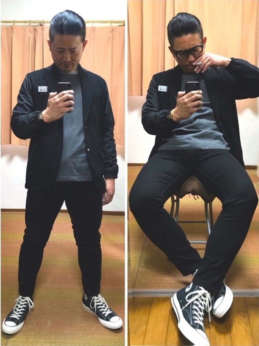 ブラック系のテーラードジャケット、グレー系のTシャツ/カットソー、ブラック系のデニムパンツを着用したメンズの春コーディネートの1枚目の写真