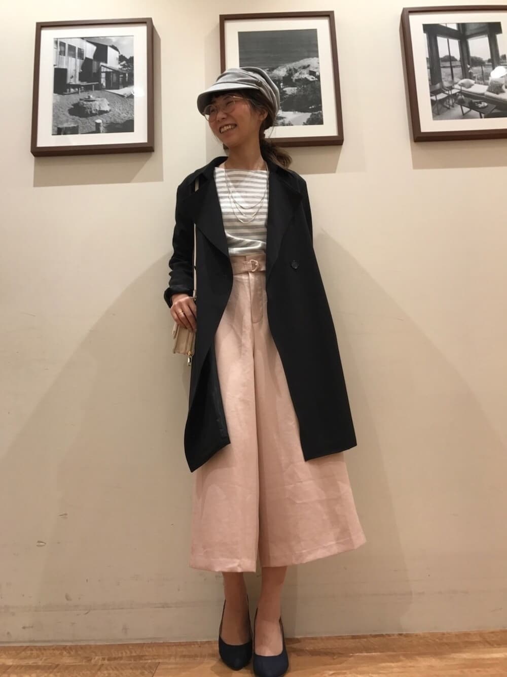 「オトナ女子、きれいめカジュアル、ボーダー、スカンツ、ピンク、春コート、トレンチコート、キャスケット、パンプス、デニム」｜「💚のアイテム（その他、その他）」を使った、Ayumiさん（レディース・168cm）の冬コーディネートの1枚目の写真