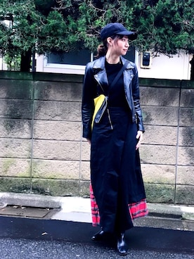 「キャップ女子」｜「アイテム（ライダースジャケット）」を使った、inhhhan®さん（レディース・165cm）の秋コーディネート