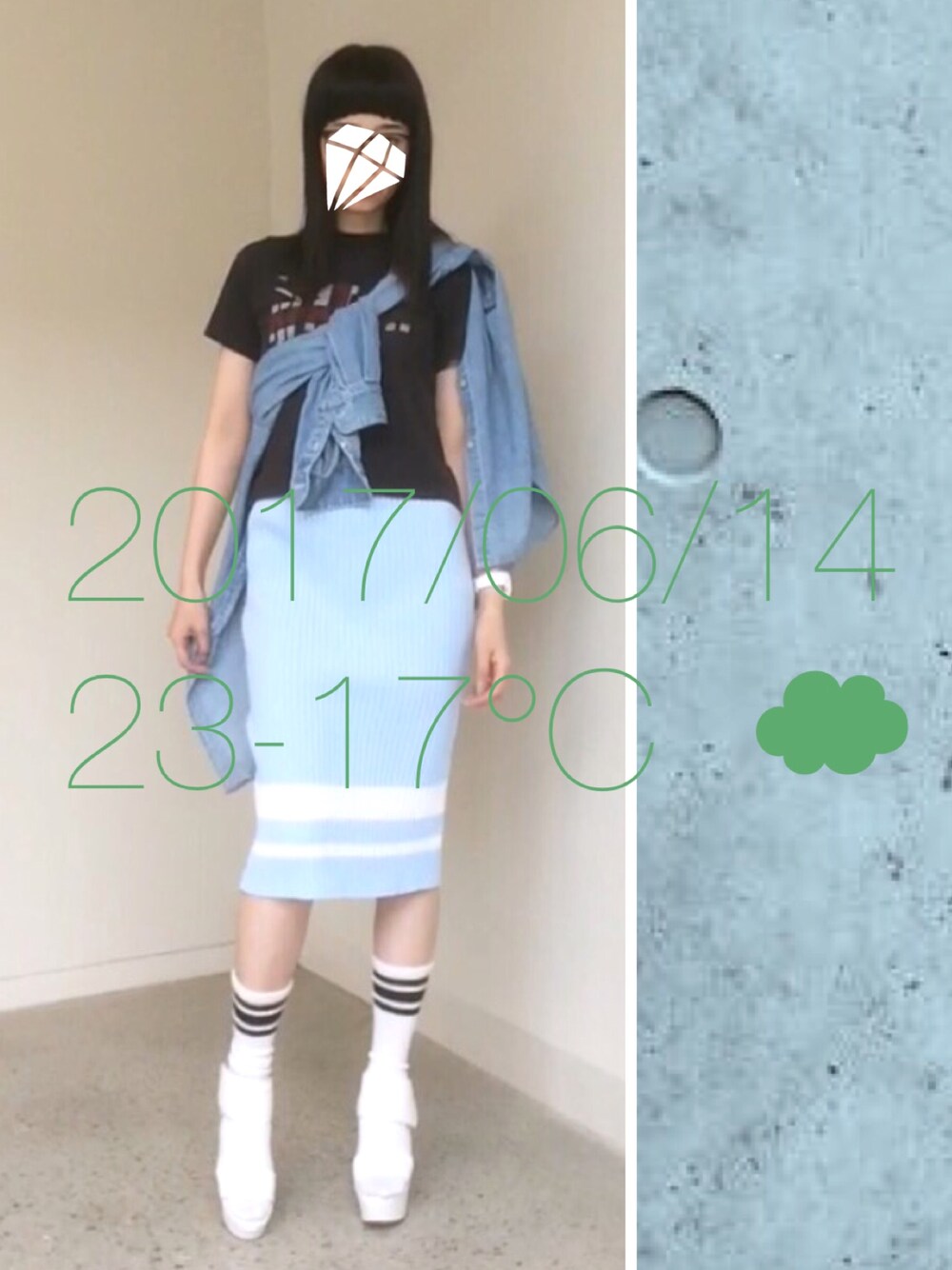 「3本ラインソックス、ニットスカート、古着Tシャツ」｜「usedのアイテム（Tシャツ/カットソー、ブラック系）」を使った、hingeさん（レディース・163cm）の夏コーディネートの1枚目の写真