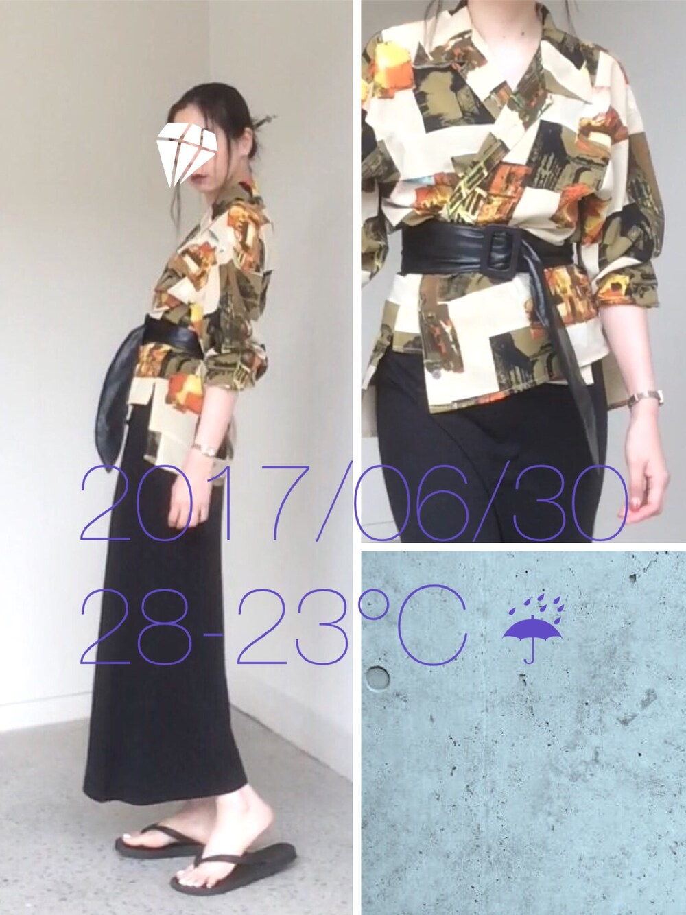 「ジャポニズム、かんざし、きもの、柄シャツ、ビーチサンダル」｜「usedのアイテム（シャツ/ブラウス、ブラウン系）」を使った、hingeさん（レディース・163cm）の夏コーディネートの1枚目の写真