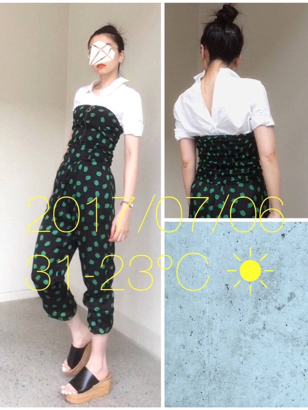 「サロペット、ウエッジソール、ワンベルトサンダル」｜「ZARAのアイテム（シャツ/ブラウス、ホワイト系）」を使った、hingeさん（レディース・163cm）の夏コーディネートの1枚目の写真