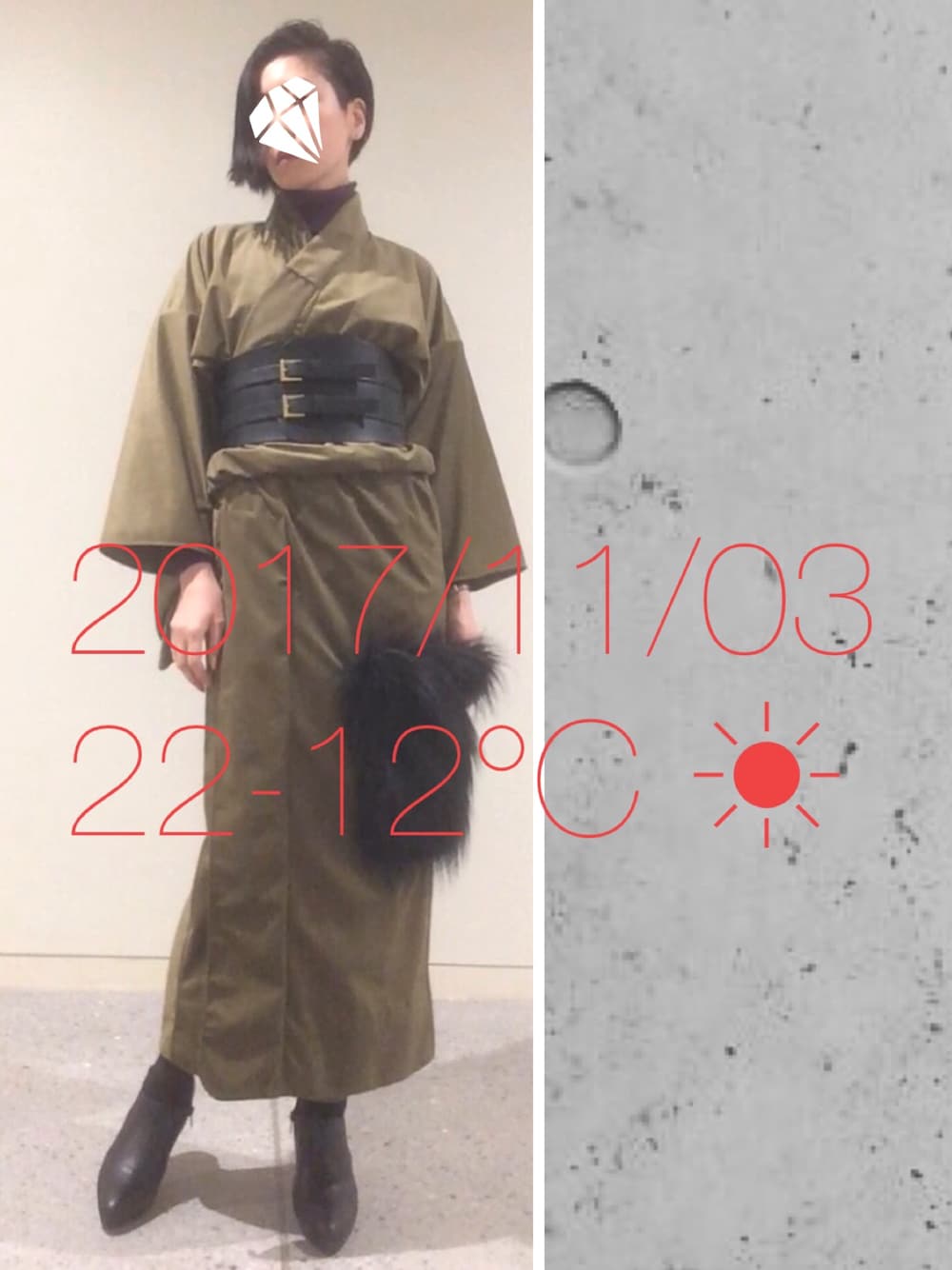 「ブーティ、着物、コルセットベルト、タートルネック」｜「Hingeのアイテム（浴衣、グリーン系）」を使った、hingeさん（レディース・162cm）の秋コーディネートの1枚目の写真