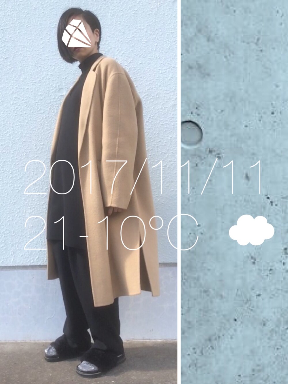「ファーサンダル、シャワーサンダル、くつした、シルバー、レイヤードスタイル、チェスターコート」｜「STYLENANDAのアイテム（チェスターコート、ベージュ系）」を使った、hingeさん（レディース・162cm）の秋コーディネートの1枚目の写真