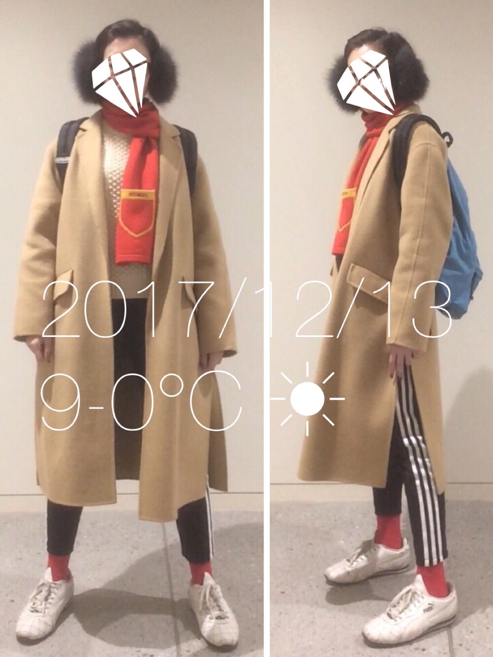 「3本ライン、ジャージーパンツ、ケーブルニット、チェスターコート、イヤーマフ、ファー、ナード」｜「usedのアイテム（マフラー、レッド系）」を使った、hingeさん（レディース・162cm）の冬コーディネートの1枚目の写真