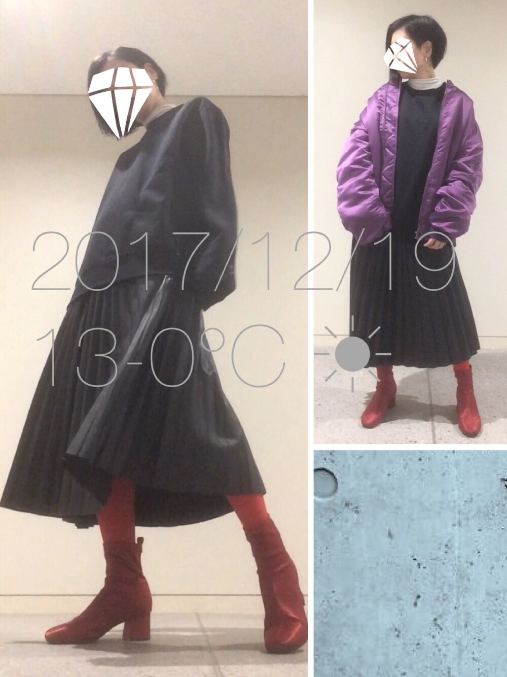 「黒×赤、レザースカート、プリーツスカート、スウェット、ビックシルエット、ループピアス、口紅赤、MA-1」｜「WEGOのアイテム（ナイロンジャケット、パープル系）」を使った、hingeさん（レディース・162cm）の冬コーディネートの1枚目の写真