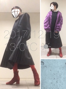 「レザースカート」｜「アイテム（ナイロンジャケット）」を使った、hingeさん（レディース・162cm）の冬コーディネート