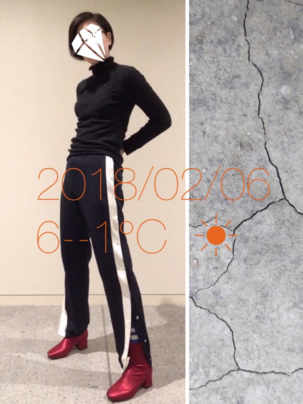 「サテンブーツ、ショートブーツ、赤、ジャージーパンツ、タートルネックニット、スポーツミックス」｜「UNIQLOのアイテム（ニット/セーター、ブラック系）」を使った、hingeさん（レディース・162cm）の冬コーディネートの1枚目の写真