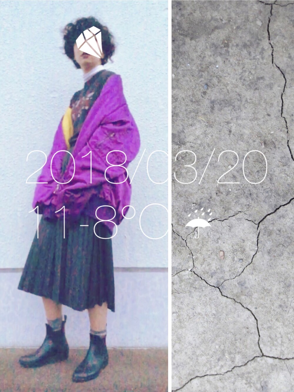 「雨、レインブーツ、レザースカート、プリーツスカート、バンドT」｜「WEGOのアイテム（ナイロンジャケット、パープル系）」を使った、hingeさん（レディース・161cm）の春コーディネートの1枚目の写真