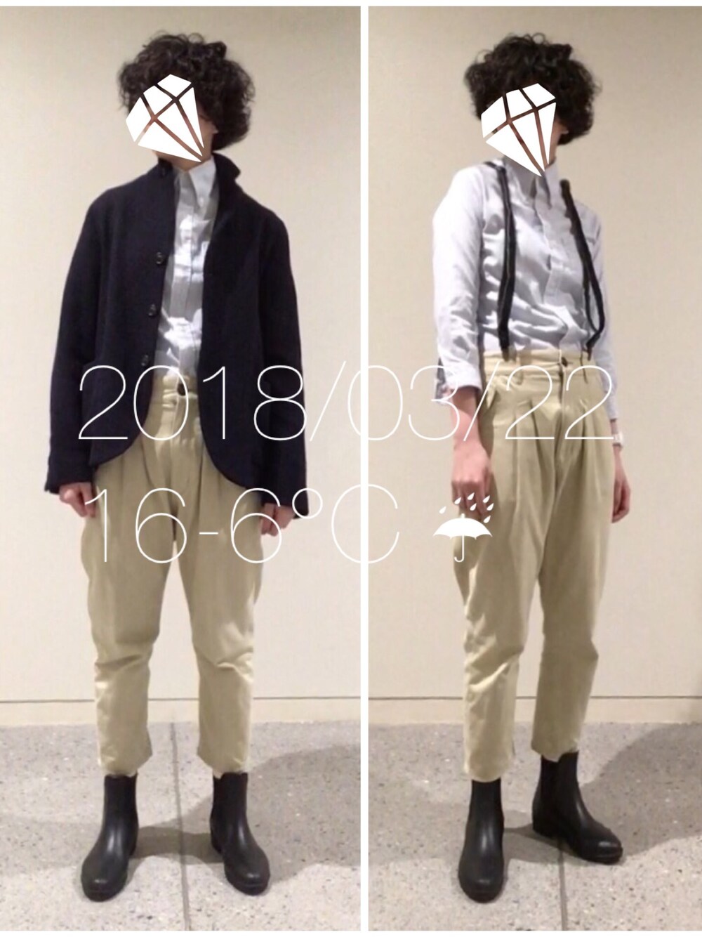 「雨、レインブーツ、ジョッパーズパンツ、クロップドパンツ、サスペンダー」｜「no brandのアイテム（その他アウター、ブルー系）」を使った、hingeさん（レディース・161cm）の春コーディネートの1枚目の写真