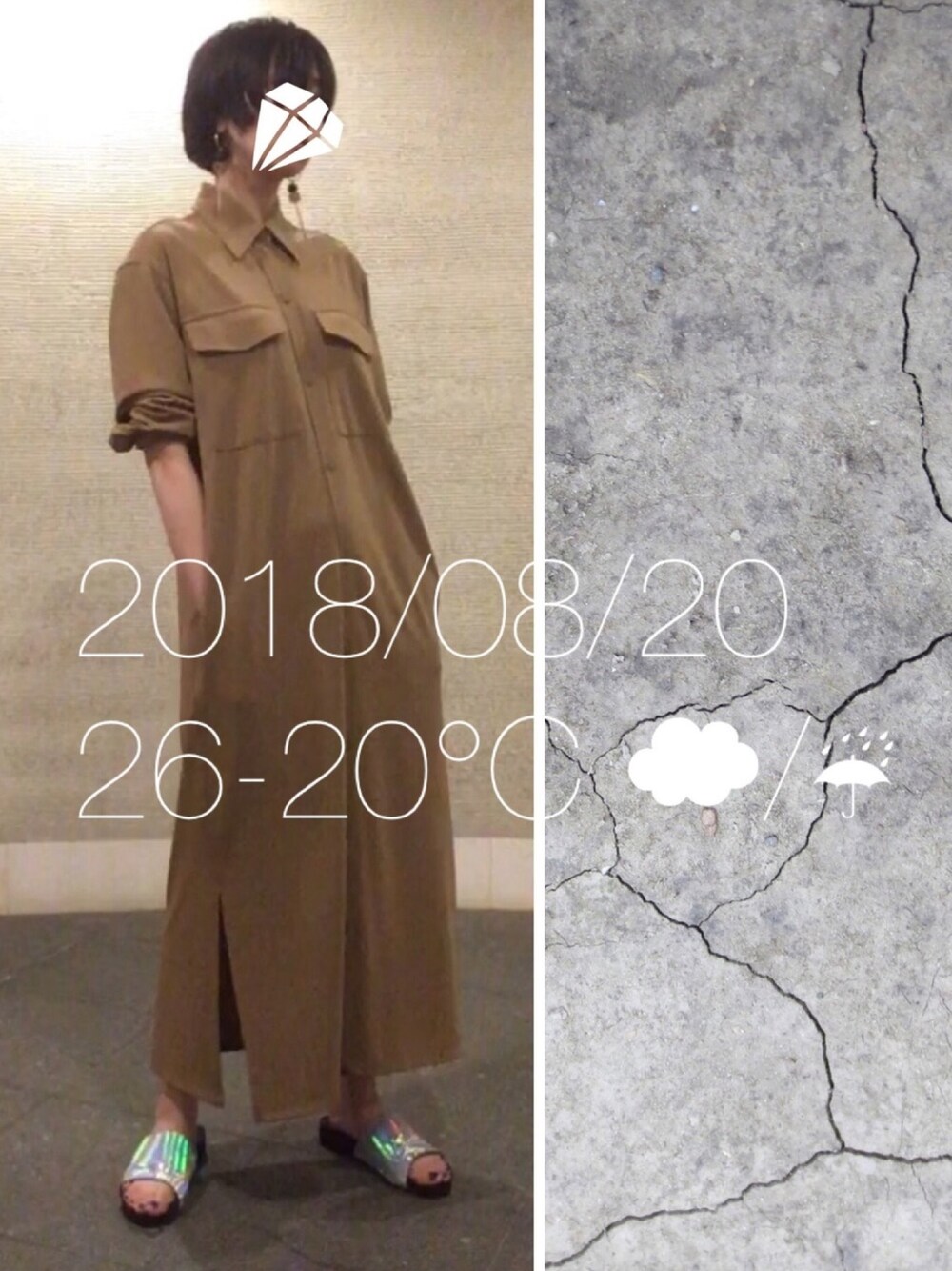 「シルバーサンダル、シャワーサンダル、シャツドレス、シャツワンピース、ワーク、スリット」｜「sampleのアイテム（シャツワンピース、ブラウン系）」を使った、hingeさん（レディース・161cm）の夏コーディネートの1枚目の写真