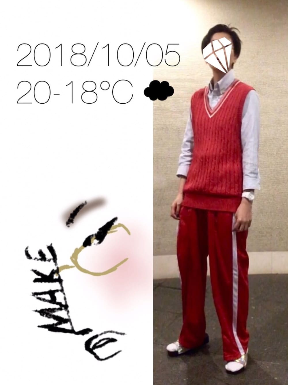 「シャワーサンダル、シルバーサンダル、サンダルに靴下、ジャージーパンツ、ラインパンツ、ニットベスト、全身赤」｜「usedのアイテム（シャツ/ブラウス、ブルー系）」を使った、hingeさん（レディース・161cm）の秋コーディネートの1枚目の写真