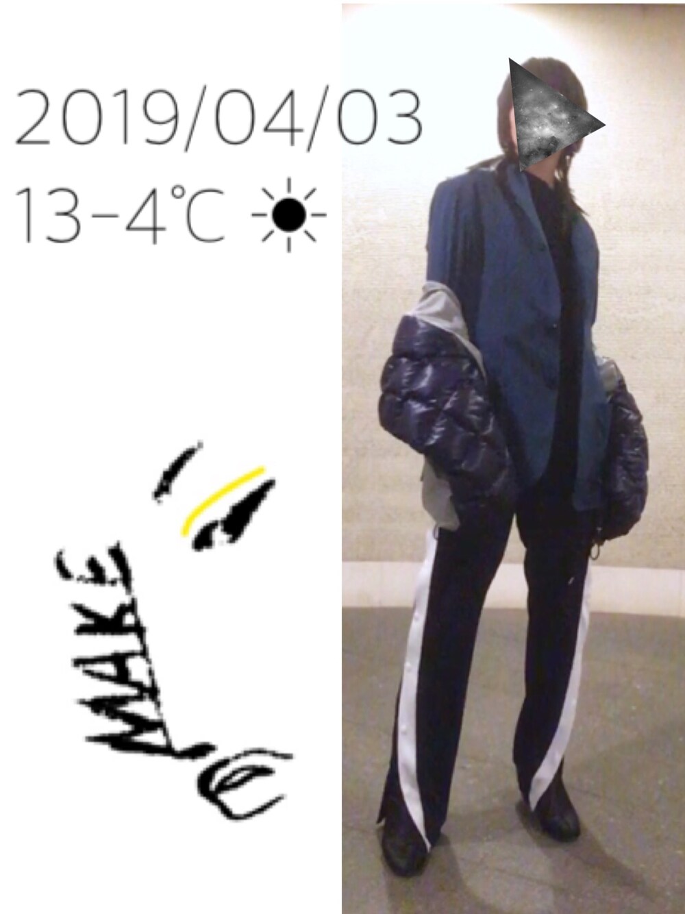 「ジャージーパンツ、サイドスリット、サテンブーツ、ショートブーツ、ソックス➕ブーツ、ジャケット、ダウンマフラー」｜「sampleのアイテム（マフラー、パープル系）」を使った、hingeさん（レディース・161cm）の春コーディネートの1枚目の写真