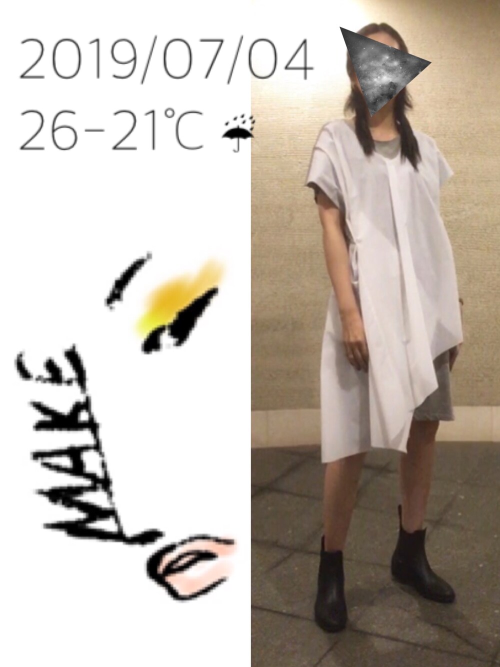 「雨、レインブーツ、アシメワンピ」｜「CHALAYANのアイテム（ワンピース、ホワイト系）」を使った、hingeさん（レディース・160cm）の夏コーディネートの1枚目の写真