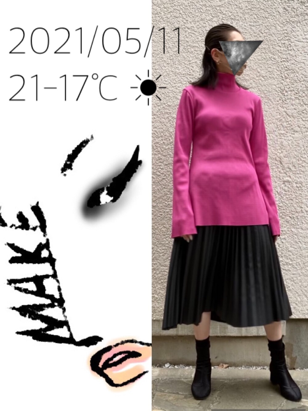 「レザープリーツスカート、ベルスリーブ、ピンク×ブラック、オールバック」｜「G.V.G.V.のRIBBED JERSEY BELL SLEEVE HIGH NECK TOP（Tシャツ/カットソー、ピンク系）」を使った、hingeさん（レディース・161cm）の春コーディネートの1枚目の写真