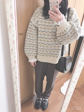 「ehka sopo（エヘカソポ）の花柄ジャカードプルオーバー（Knitwear、ホワイト系）」を使った、るかさん（レディース・151cm）の秋コーディネート