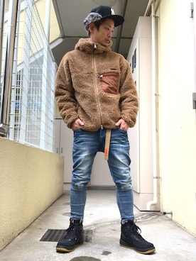「jiggys shop（ジギーズショップ）のストレッチスキニーパンツ デニム & ダメージデニム アンクルパンツ（デニムパンツ）」を使った、もっしーさん（メンズ・170cm）の冬コーディネート