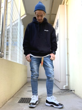 「RAGEBLUE（レイジブルー）のアイテム（ニットキャップ/ビーニー）」を使った、もっしーさん（メンズ・170cm）の冬コーディネート