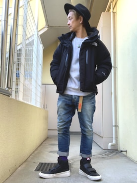 「BEN DAVIS（ベンデイビス）のアイテム（デニムパンツ）」を使った、もっしーさん（メンズ・170cm）の冬コーディネート