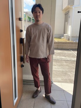 「ABAHOUSE（アバハウス）の【COOLMAX】スリム　イージー　パンツ（その他パンツ、ブラウン系）」を使った、Yosuke さん（メンズ・174cm）の春コーディネート