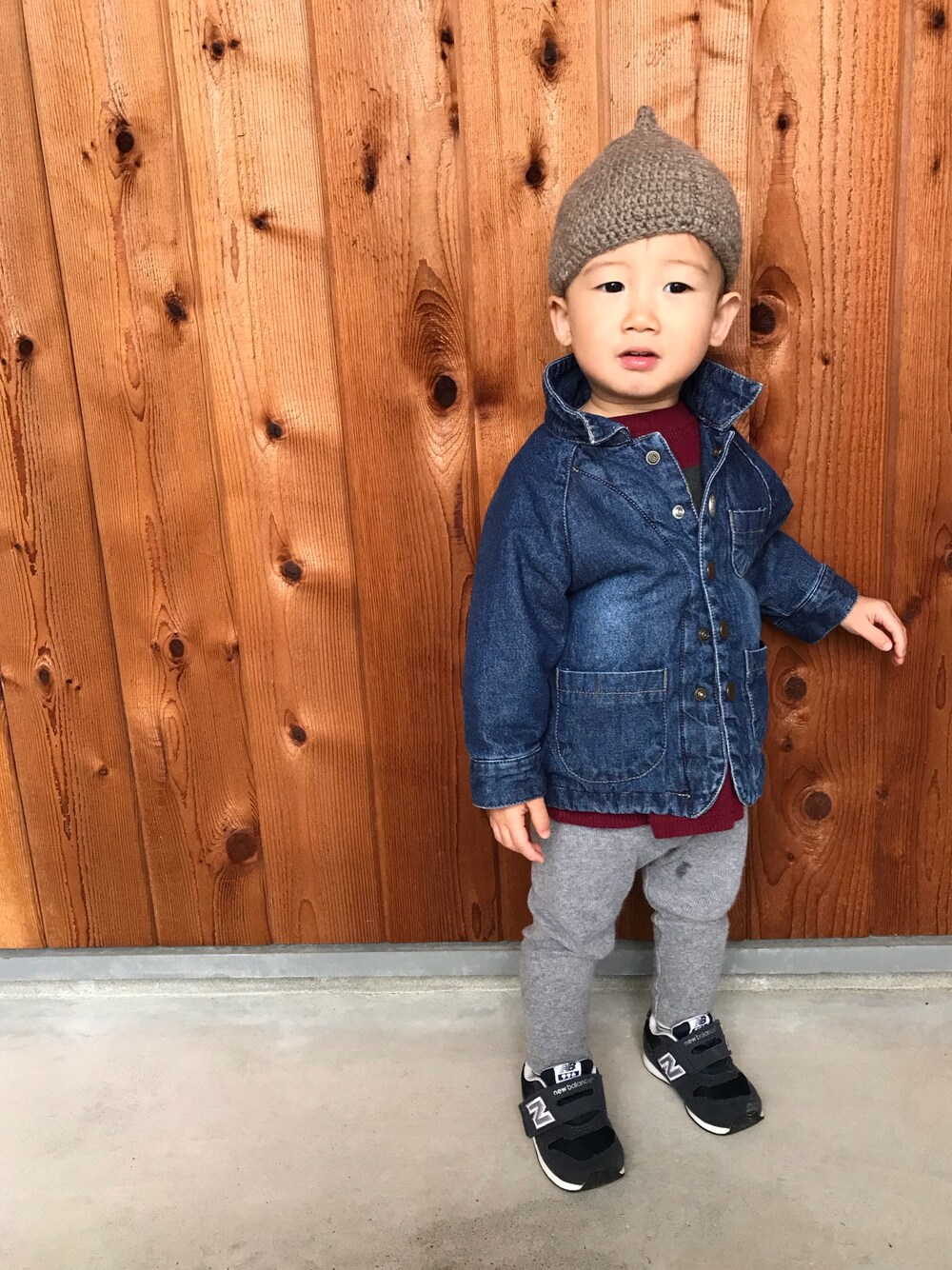 「どんぐり帽、ジージャン、男の子、プチプラ、1歳」｜「DILASHのアイテム（デニムジャケット、ブルー系）」を使った、H☺︎Kさん（キッズ・80cm）の秋コーディネートの1枚目の写真