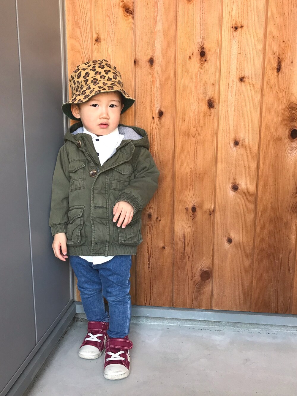 「カジュアルコーデ、レオパード、おとこのこ、2歳」｜「BREEZEのアイテム（ハット、ブラウン系）」を使った、H☺︎Kさん（キッズ・80cm）の春コーディネートの1枚目の写真