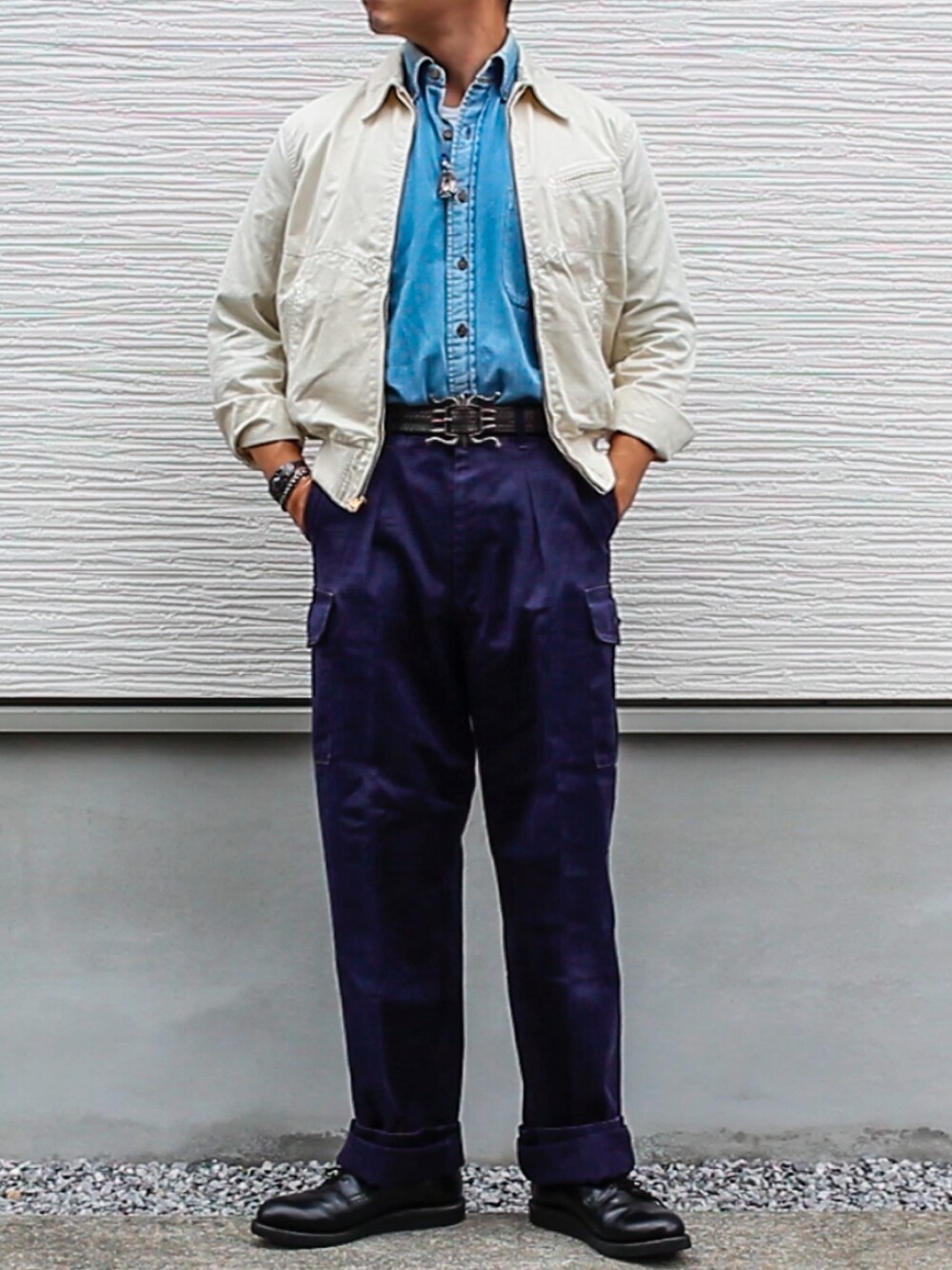 「ダブルアールエル、rrl、大人のコーデ、クリーム色が渋い、シルエット重視、ブルックスブラザーズ、BROOKS BROTHERS、一緒に買い物行かない？」｜「RRLのアイテム（ブルゾン、ベージュ系）」を使った、goemonsantakuさん（メンズ・172cm）の秋コーディネートの1枚目の写真