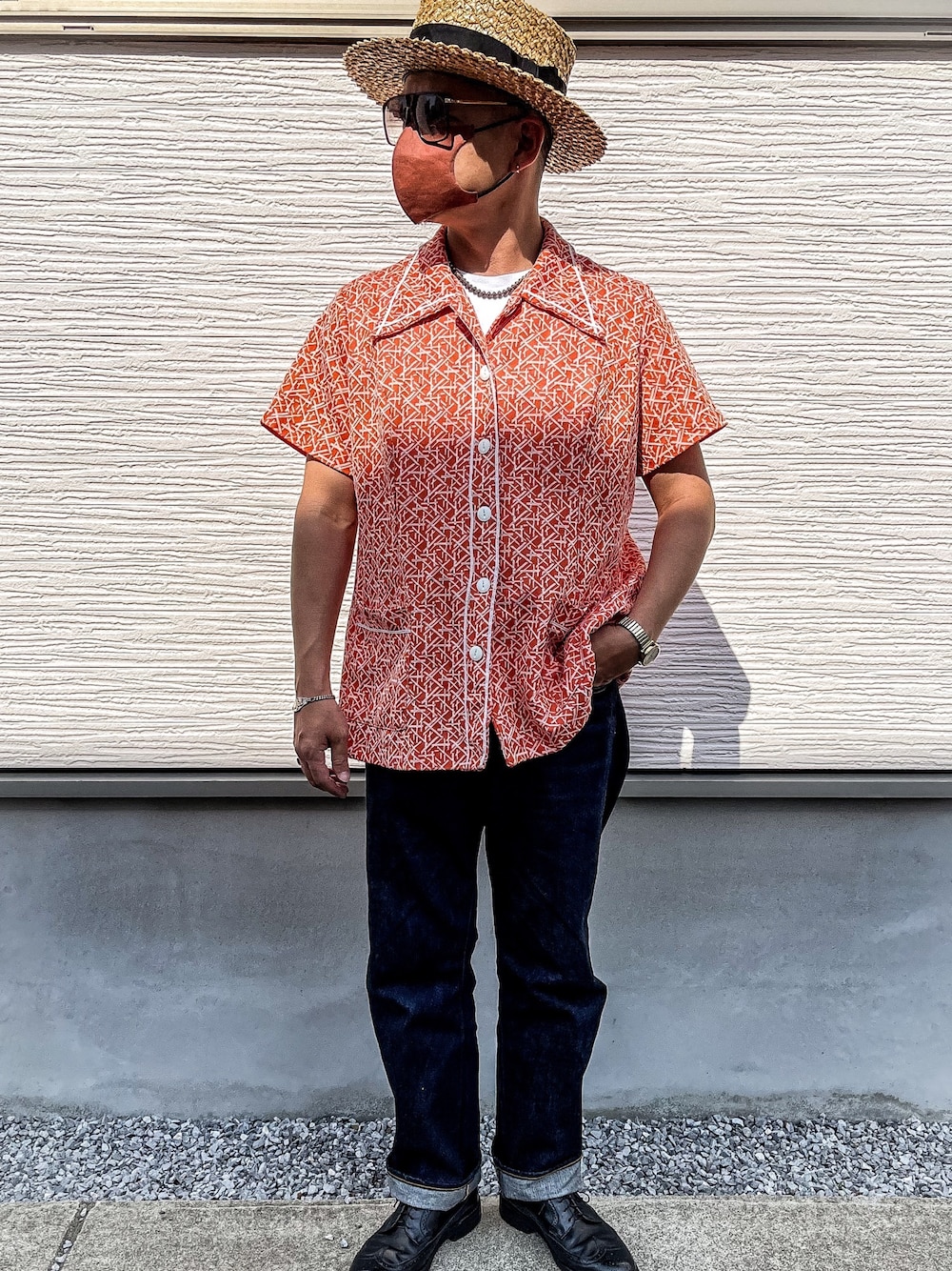 「ステットソン、ビンテージ、オープンカラーシャツ、開襟シャツ、フローシャイム、夏コーデ、アメリカン、60sfashion、70s」｜「オープンカラーのアイテム（シャツ/ブラウス、ピンク系）」を使った、goemonsantakuさん（メンズ・172cm）の春コーディネートの1枚目の写真