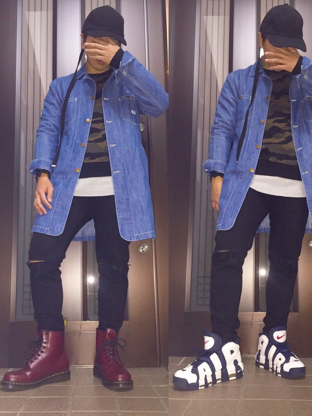 レッド系のブーツ、ブルー系のデニムジャケット、グリーン系のニット/セーターを着用したメンズの冬コーディネートの1枚目の写真