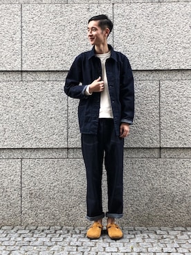 「OMNIGOD（オムニゴッド）のアイテム（カバーオール）」を使った、OMNIGOD代官山さん（メンズ・180cm）の秋コーディネート