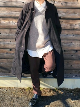 「remer（リメール）のアイテム（ステンカラーコート）」を使った、HEROさん（メンズ・170cm）の冬コーディネート