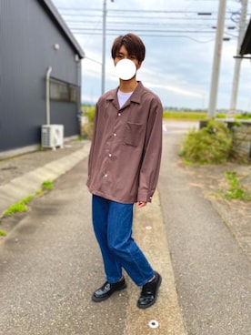 「GU（ジーユー）のアイテム（シャツ/ブラウス、ブラウン系）」を使った、ゆけらんさん（メンズ・177cm）の秋コーディネート