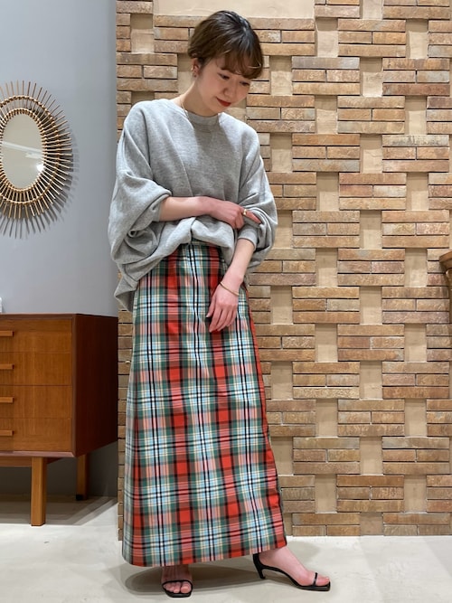 カレンソロジー　シャギーチェックスカート　ロング　38　グリーン系 1番人気♪上質シャギーチェックのギャザースカート オリーブ